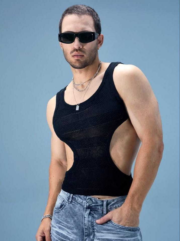 SWAVVY Sexy Skinny High-Waist Hollow-Out Knit Vest Men